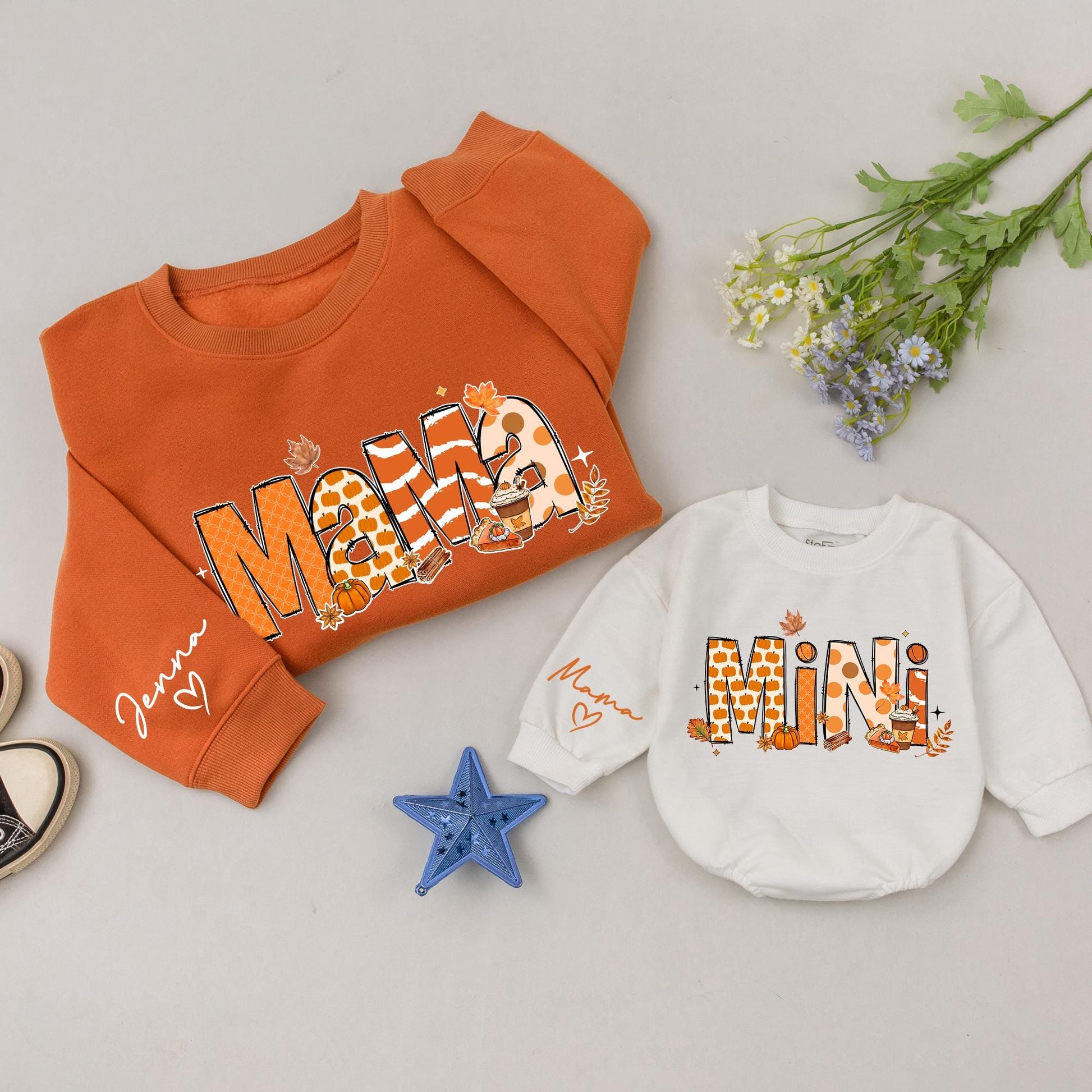 Matching Fall Mama Mini Sweatshirts, Retro Thanksgiving Family Outfits, Personalized Mommy and Me Set, Pumpkin Design, Baby, Toddler