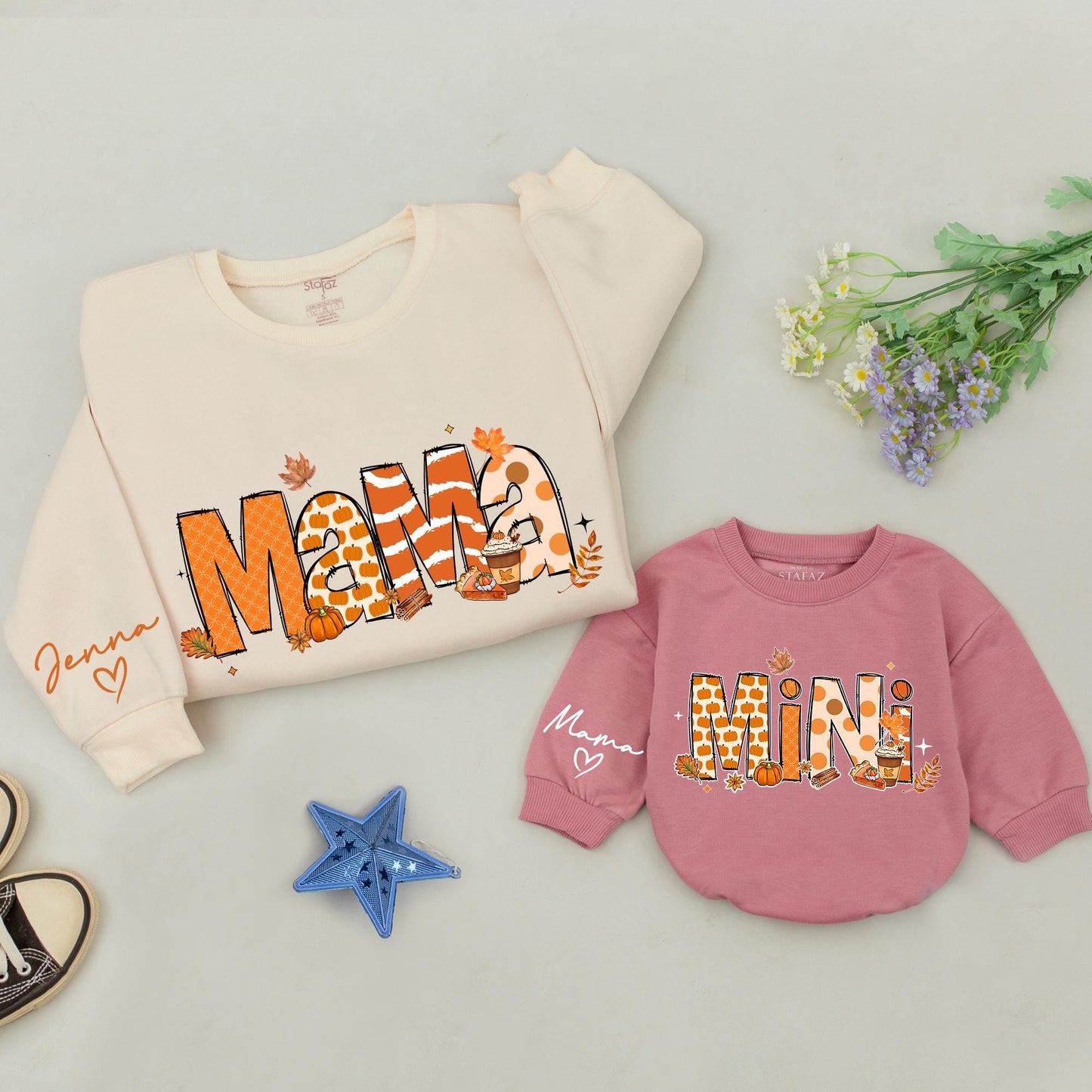 Matching Fall Mama Mini Sweatshirts, Retro Thanksgiving Family Outfits, Personalized Mommy and Me Set, Pumpkin Design, Baby, Toddler