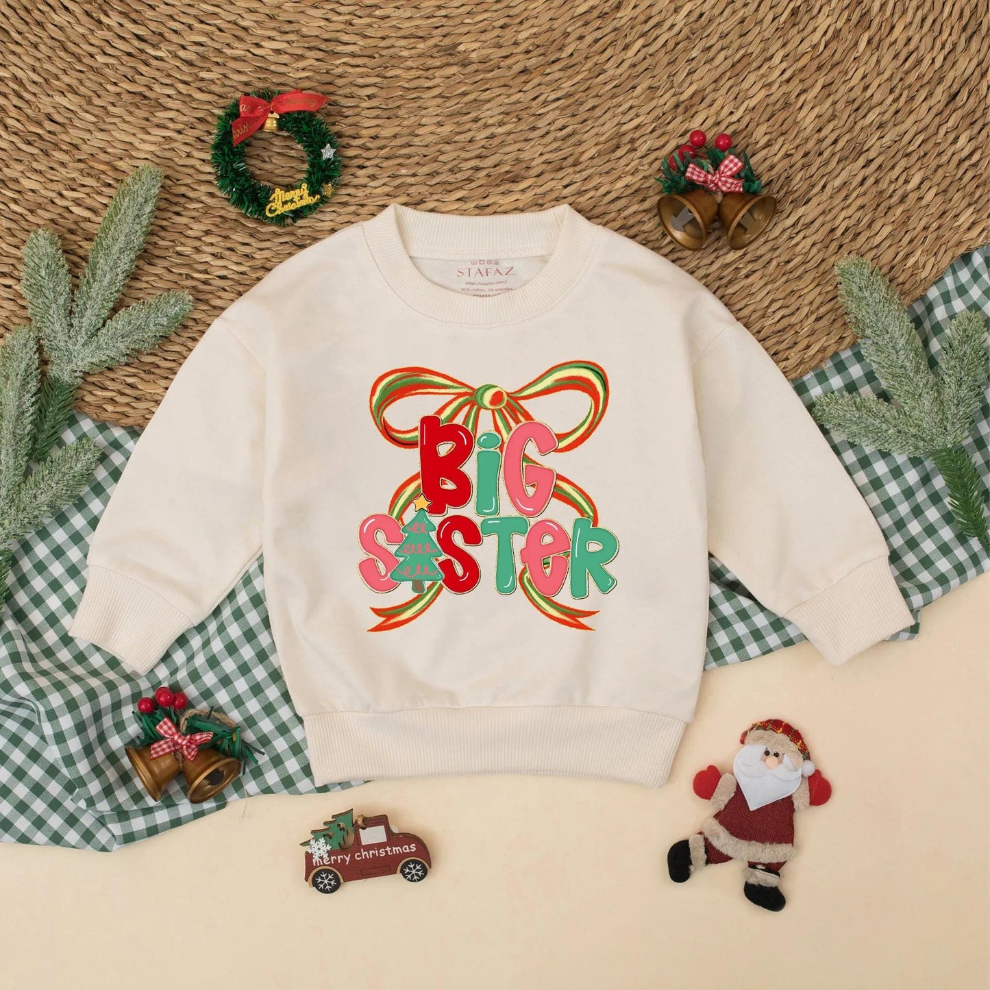 Christmas Matching Big Sister Lil Sister Sweatshirts Festive Bow Design Red Pink Green Holiday Sibling Announcement Baby Toddler Girl Gift