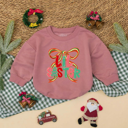 Christmas Matching Big Sister Lil Sister Sweatshirts Festive Bow Design Red Pink Green Holiday Sibling Announcement Baby Toddler Girl Gift