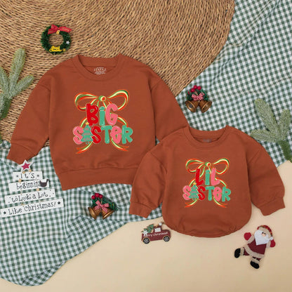 Christmas Matching Big Sister Lil Sister Sweatshirts Festive Bow Design Red Pink Green Holiday Sibling Announcement Baby Toddler Girl Gift