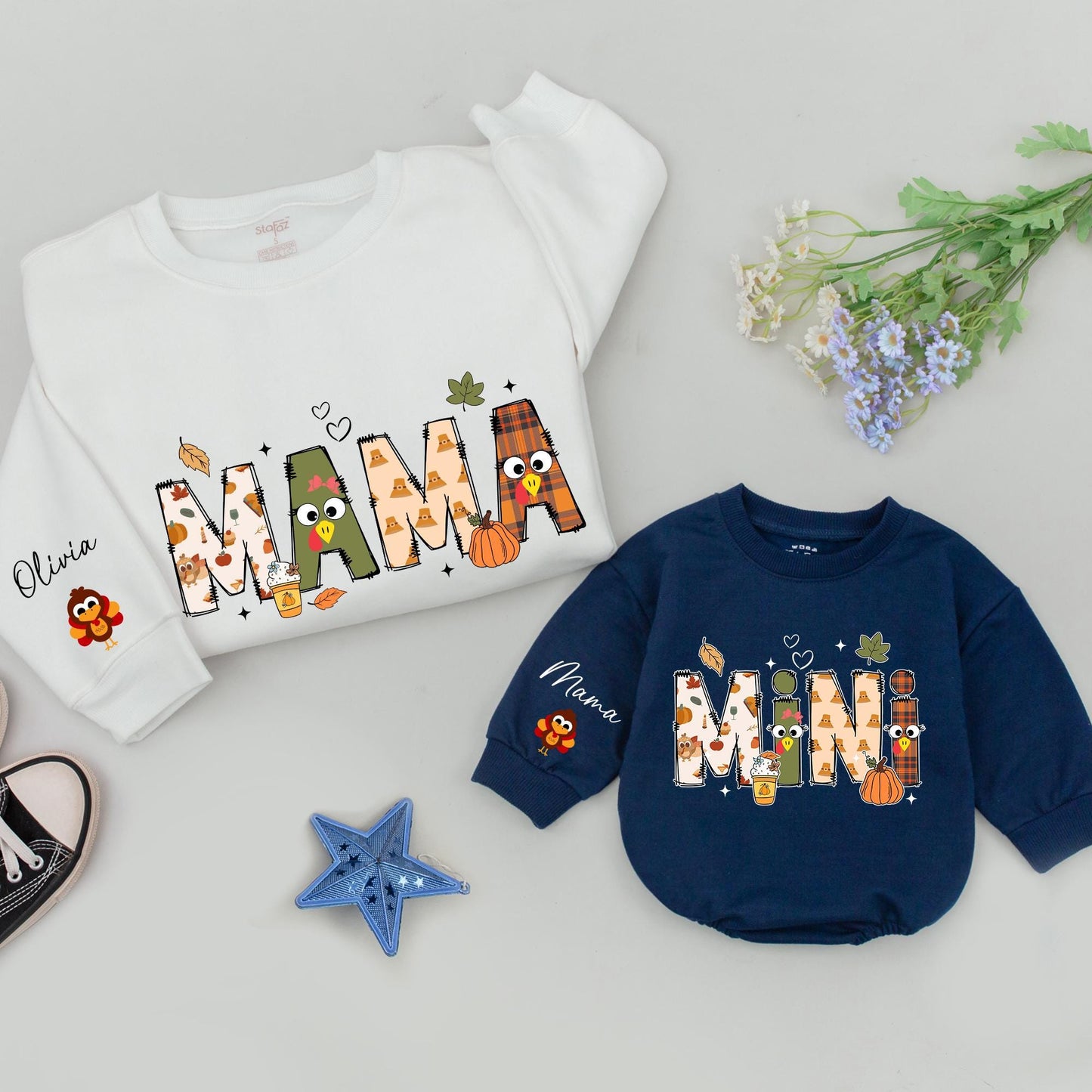 Personalized Mama Mini Thanksgiving Sweatshirts and Turkey Romper Fall Family Matching Outfit with Whimsical Autumnal Letter Designs