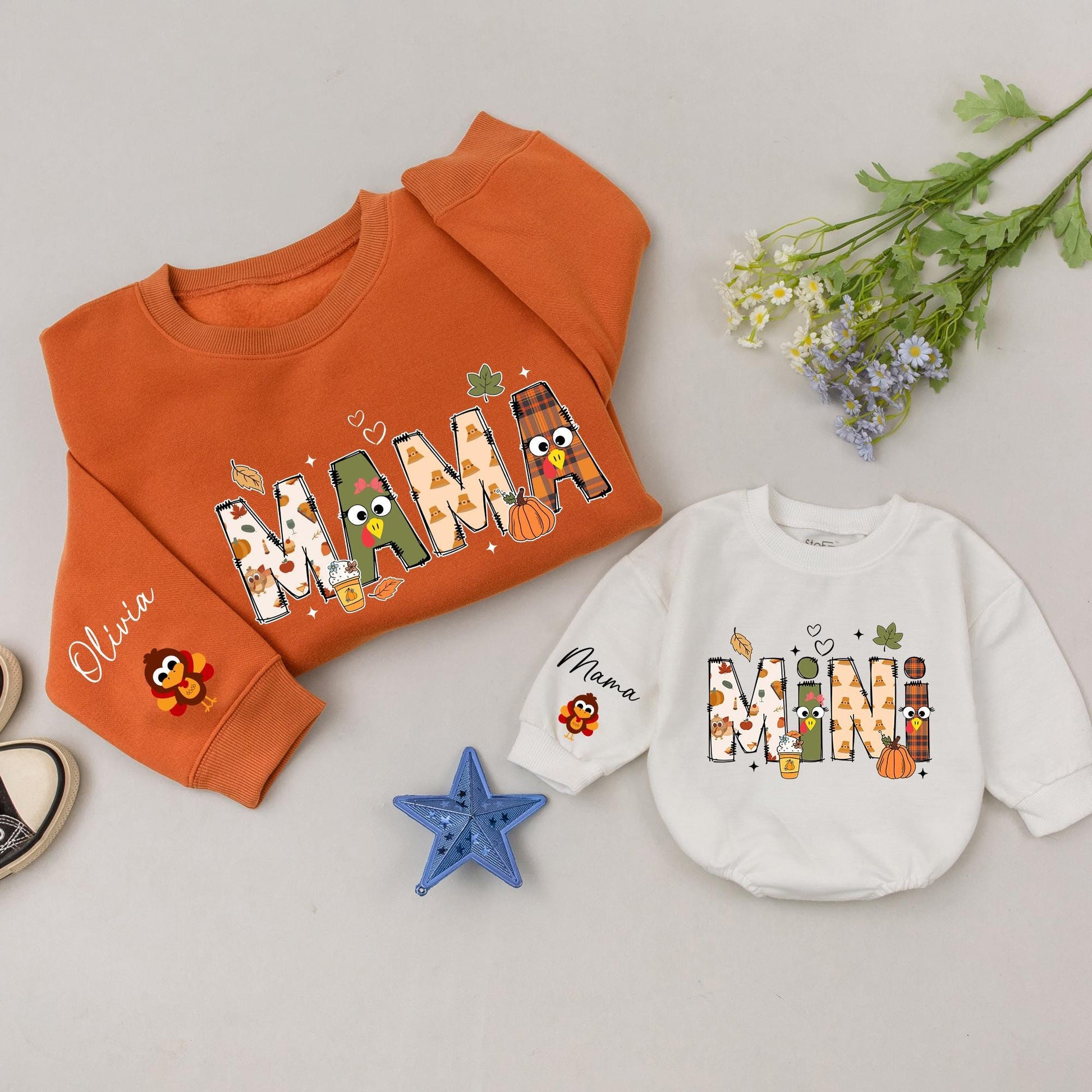 Personalized Mama Mini Thanksgiving Sweatshirts and Turkey Romper Fall Family Matching Outfit with Whimsical Autumnal Letter Designs