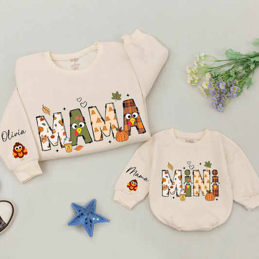 Personalized Mama Mini Thanksgiving Sweatshirts and Turkey Romper Fall Family Matching Outfit with Whimsical Autumnal Letter Designs