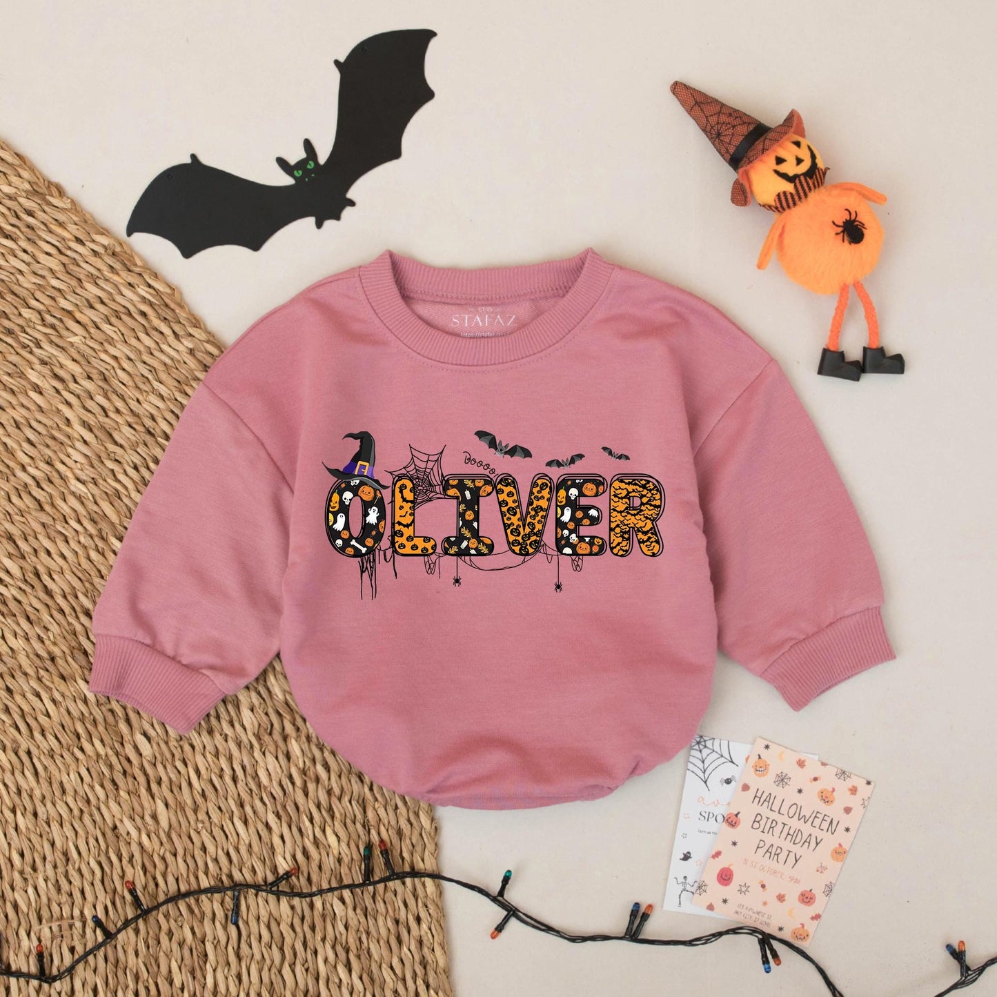 Custom Oliver Halloween Baby Bubble Romper Spooky Festive Bats Pumpkins Ghost Skull Spiderweb Design First Halloween Baby Boy Gift