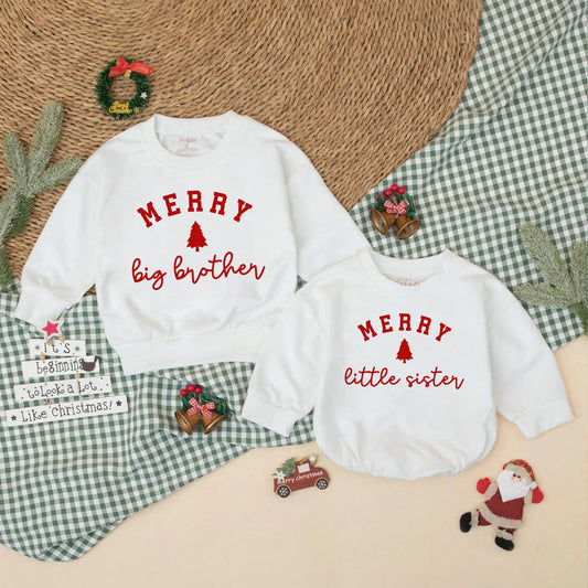 Merry Christmas Matching Family Sweatshirts Big Sister Little Sister Big Brother Outfits Red Tree Design Holiday Gift