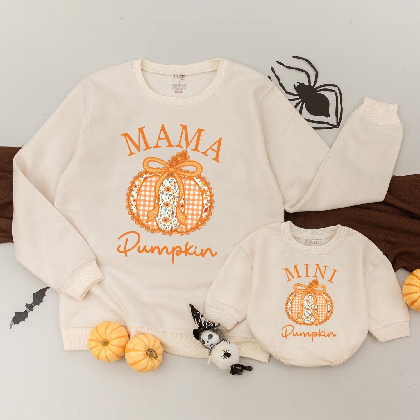 Mama and Mini Pumpkin Sweatshirts Mommy and Me Gingham Floral Design Orange Bow Fall Family Matching Cute Autumn "MAMA MINI Pumpkin" Text