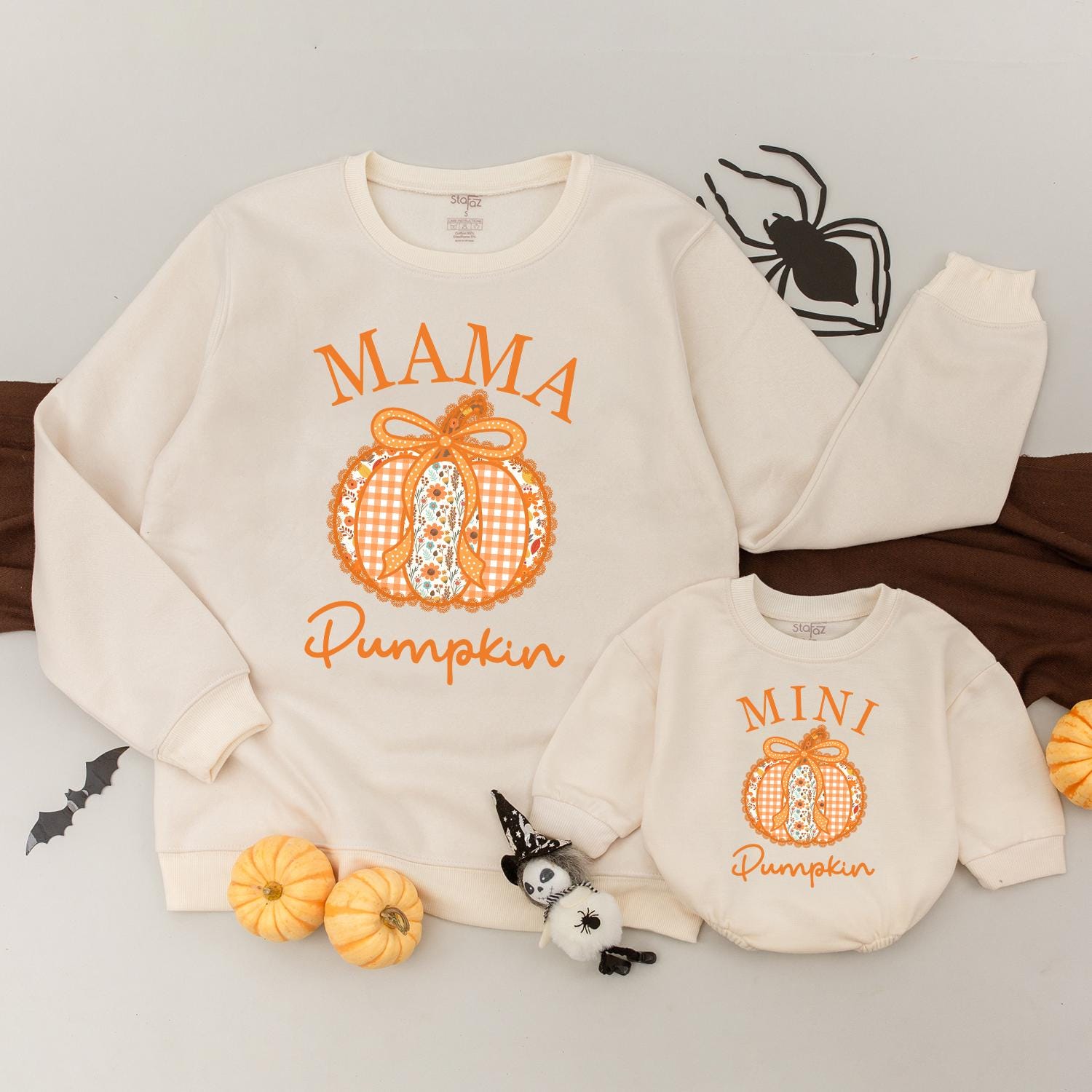 Mama and Mini Pumpkin Sweatshirts Mommy and Me Gingham Floral Design Orange Bow Fall Family Matching Cute Autumn "MAMA MINI Pumpkin" Text