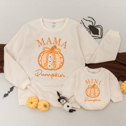 Mama and Mini Pumpkin Sweatshirts Mommy and Me Gingham Floral Design Orange Bow Fall Family Matching Cute Autumn "MAMA MINI Pumpkin" Text