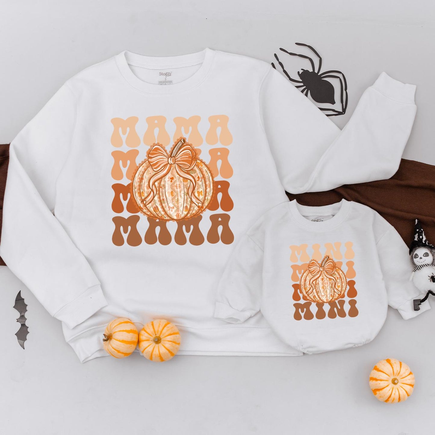 Retro Mama and Mini Matching Sweatshirts Pumpkin Bow Fall Family Outfit Set Vintage Autumn Style Mommy and Me Pumpkin Season Soft Cotton Thanksgiving 138