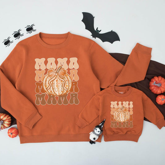 Retro Mama and Mini Matching Sweatshirts Pumpkin Bow Fall Family Outfit Set Vintage Autumn Style Mommy and Me Pumpkin Season Soft Cotton Thanksgiving 138