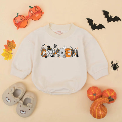Personalized Baby Boy Halloween Bubble Romper featuring Child's Name Pumpkins Spiderwebs Bats Black Cat Design Festive Fall Toddler Spooky Gift