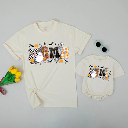 Mama & Mini Halloween Sweatshirts: Matching Family Fall Outfits, Cute Ghost & Pumpkin Design, Leopard & Checkered Letters, Festive Mom & Daughter Style