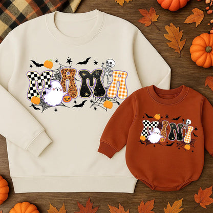 Mama & Mini Halloween Sweatshirts: Matching Family Fall Outfits, Cute Ghost & Pumpkin Design, Leopard & Checkered Letters, Festive Mom & Daughter Style