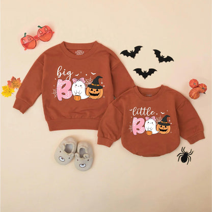Matching Sister Halloween Sweatshirt Romper Set, Little Boo Ghost Pumpkin Outfit, Cute Toddler Family Fall Sweaters, Spooky Season Gift Idea (139 chars)