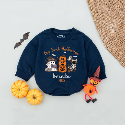 Custom My First Halloween 2025 Baby Romper Cute Cartoon Orange Purple Black White Ghost Pumpkin Cat Spooky Season Infant Outfit