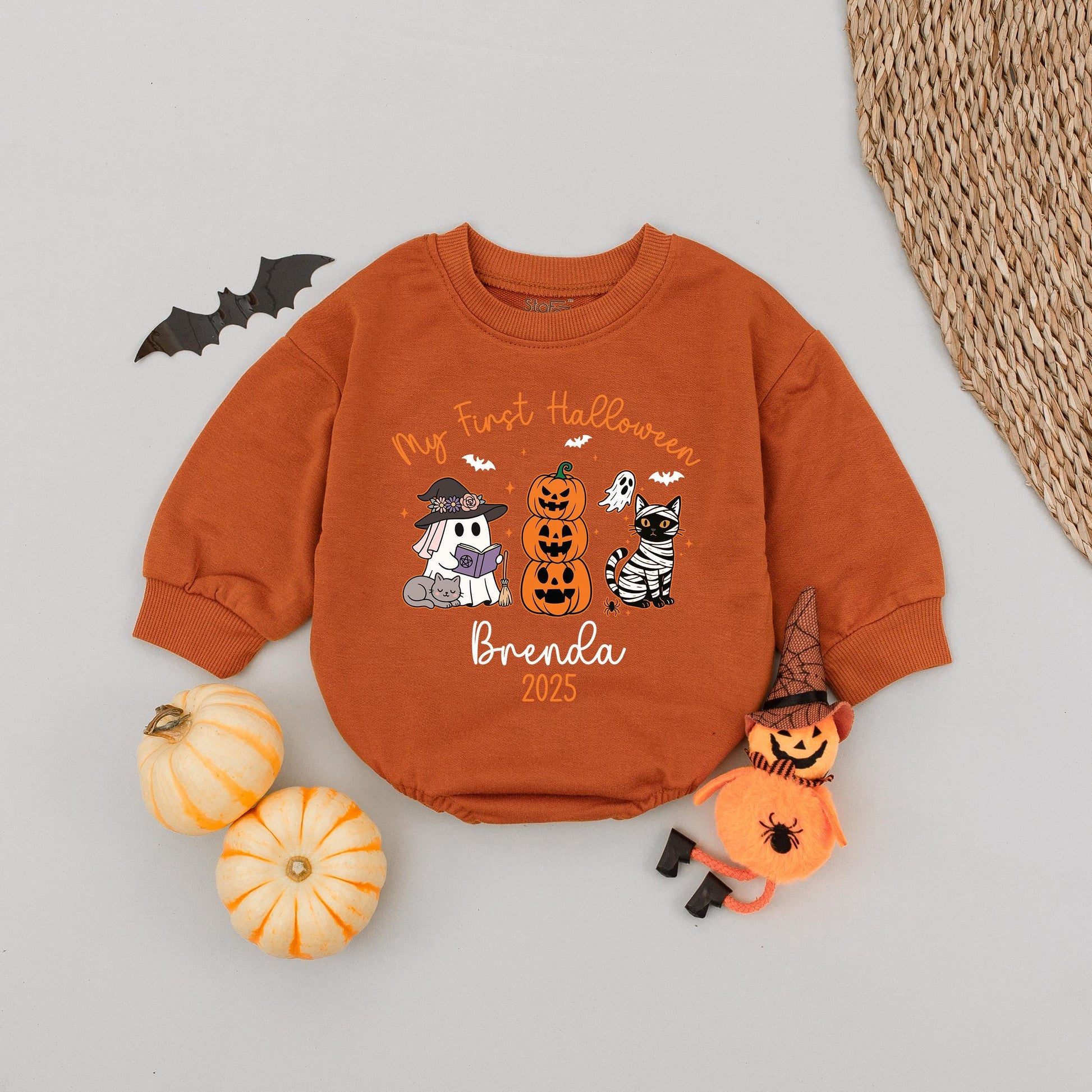 Custom My First Halloween 2025 Baby Romper Cute Cartoon Orange Purple Black White Ghost Pumpkin Cat Spooky Season Infant Outfit