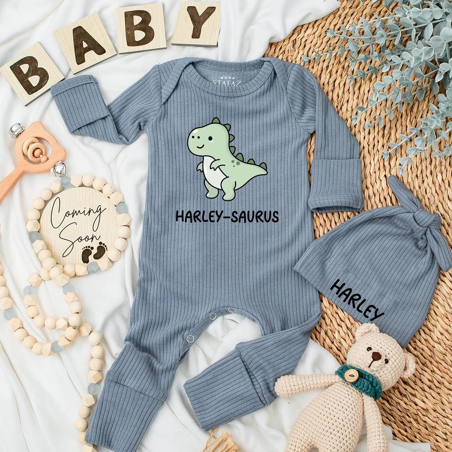 Cute Harley-Saurus Baby Bodysuit Funny Dinosaur Newborn Outfit Light Green White Belly Custom Name Baby Shower Gift