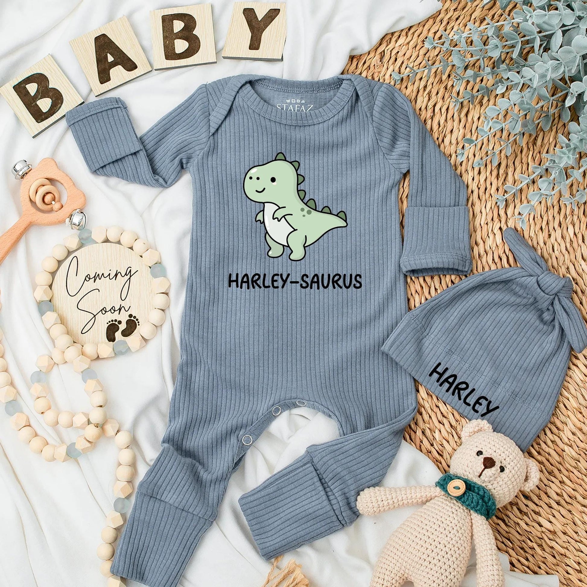 Cute Harley-Saurus Baby Bodysuit Funny Dinosaur Newborn Outfit Light Green White Belly Custom Name Baby Shower Gift