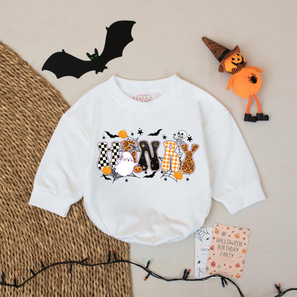 HENRY's First Halloween Baby Romper Outfit: Spooky Cute Checkered Leopard Print Ghost & Pumpkins Funny Bodysuit, Playful Infant Clothes (138 chars)