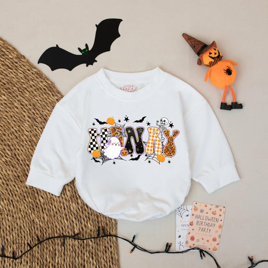 HENRY's First Halloween Baby Romper Outfit: Spooky Cute Checkered Leopard Print Ghost & Pumpkins Funny Bodysuit, Playful Infant Clothes (138 chars)