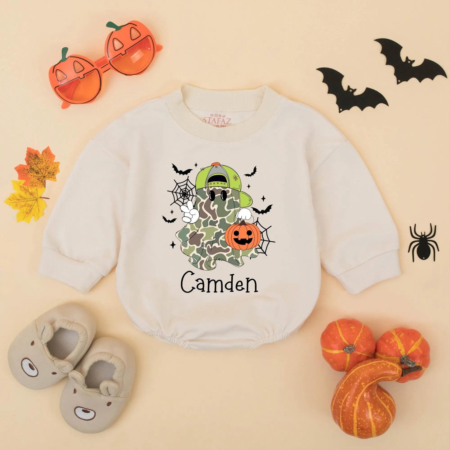 Personalized Baby Boy Halloween Camo Ghost Romper Bodysuit with Name for First Halloween and cute Jack-o-Lantern bats design