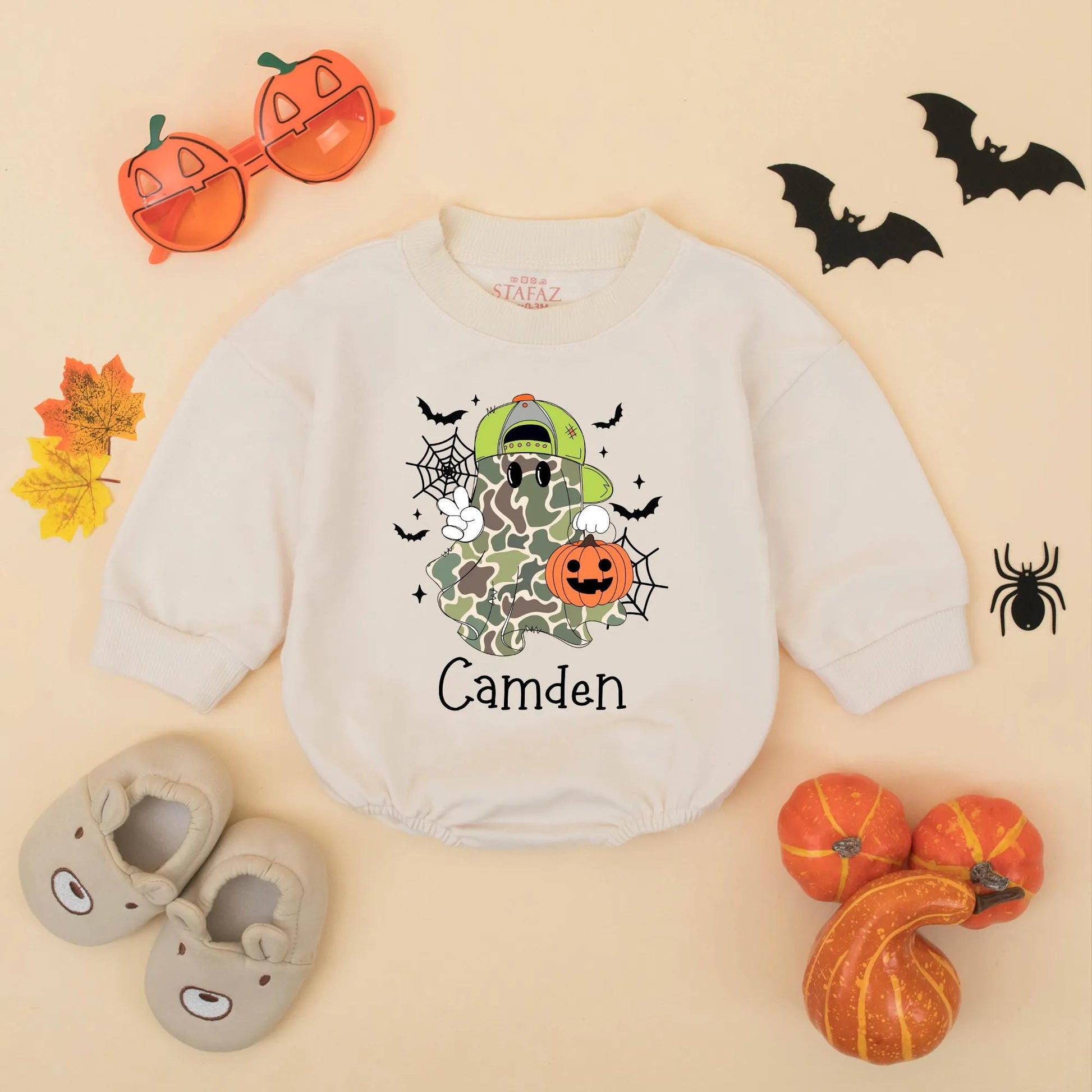 Personalized Baby Boy Halloween Camo Ghost Romper Bodysuit with Name for First Halloween and cute Jack-o-Lantern bats design