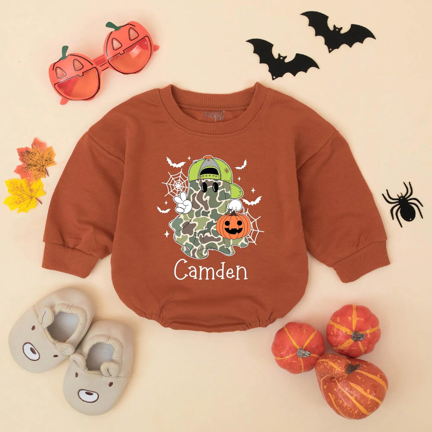 Personalized Baby Boy Halloween Camo Ghost Romper Bodysuit with Name for First Halloween and cute Jack-o-Lantern bats design