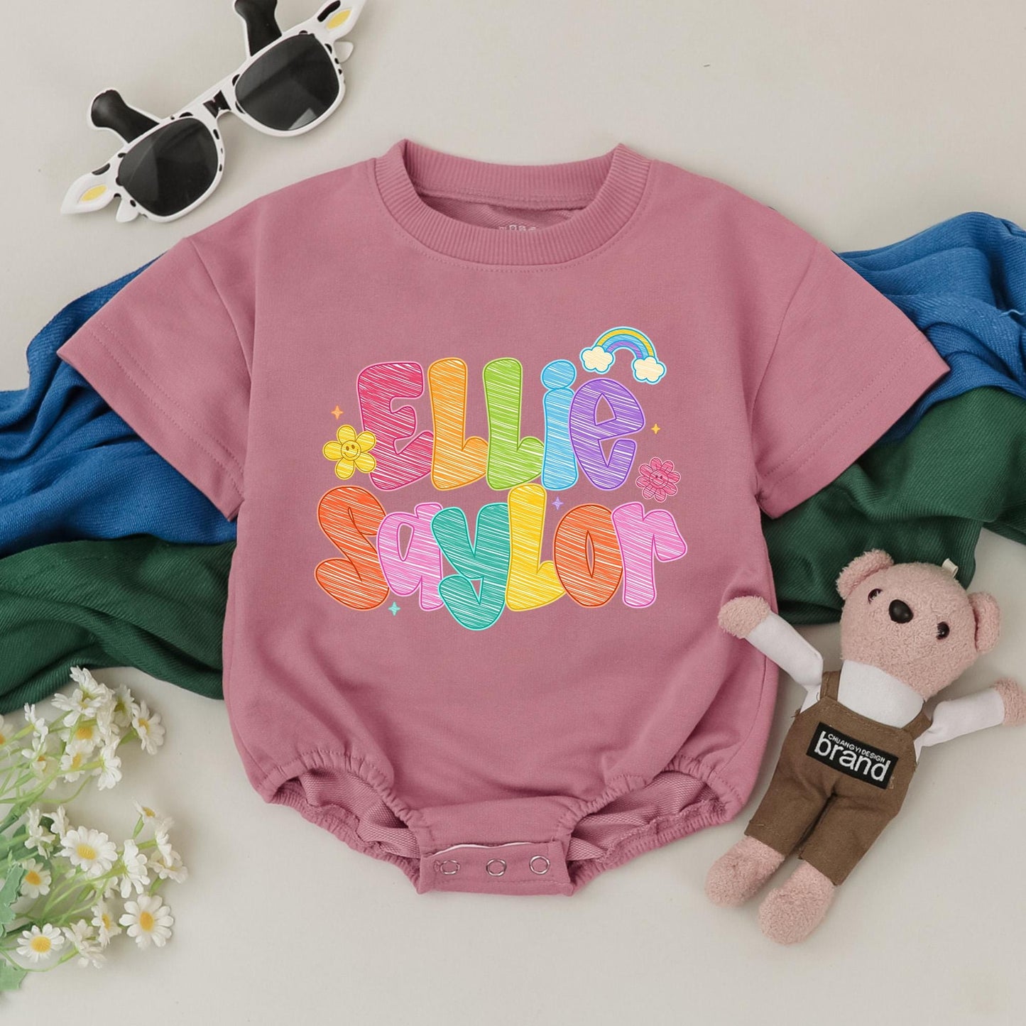 Personalized Baby Girl Bubble Romper Colorful Name Design Cute Birthday Outfit Whimsical Hand-Drawn Floral Rainbow Baby Shower Gift