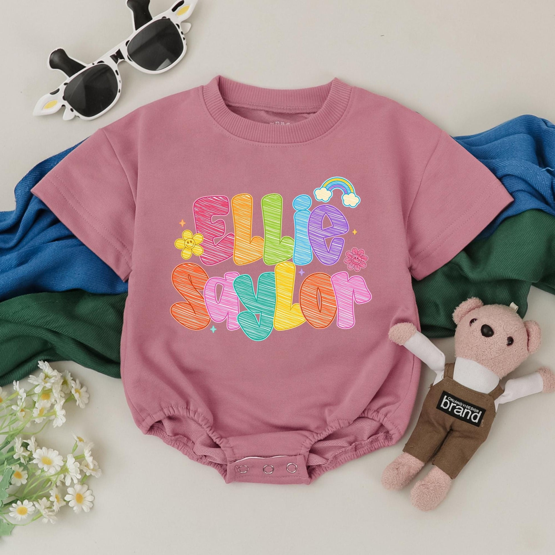 Personalized Baby Girl Bubble Romper Colorful Name Design Cute Birthday Outfit Whimsical Hand-Drawn Floral Rainbow Baby Shower Gift