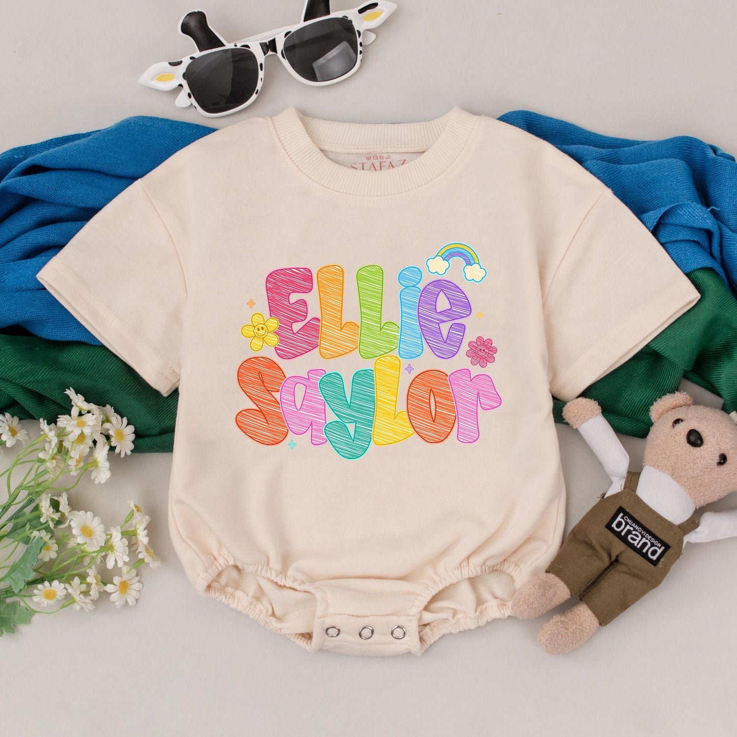 Personalized Baby Girl Bubble Romper Colorful Name Design Cute Birthday Outfit Whimsical Hand-Drawn Floral Rainbow Baby Shower Gift