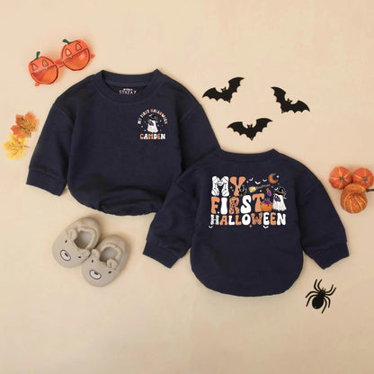Personalized My First Halloween Baby Romper, Camden's Spooky Outfit, Retro Boy Bodysuit, Custom Infant Fall Gift, Cute Halloween