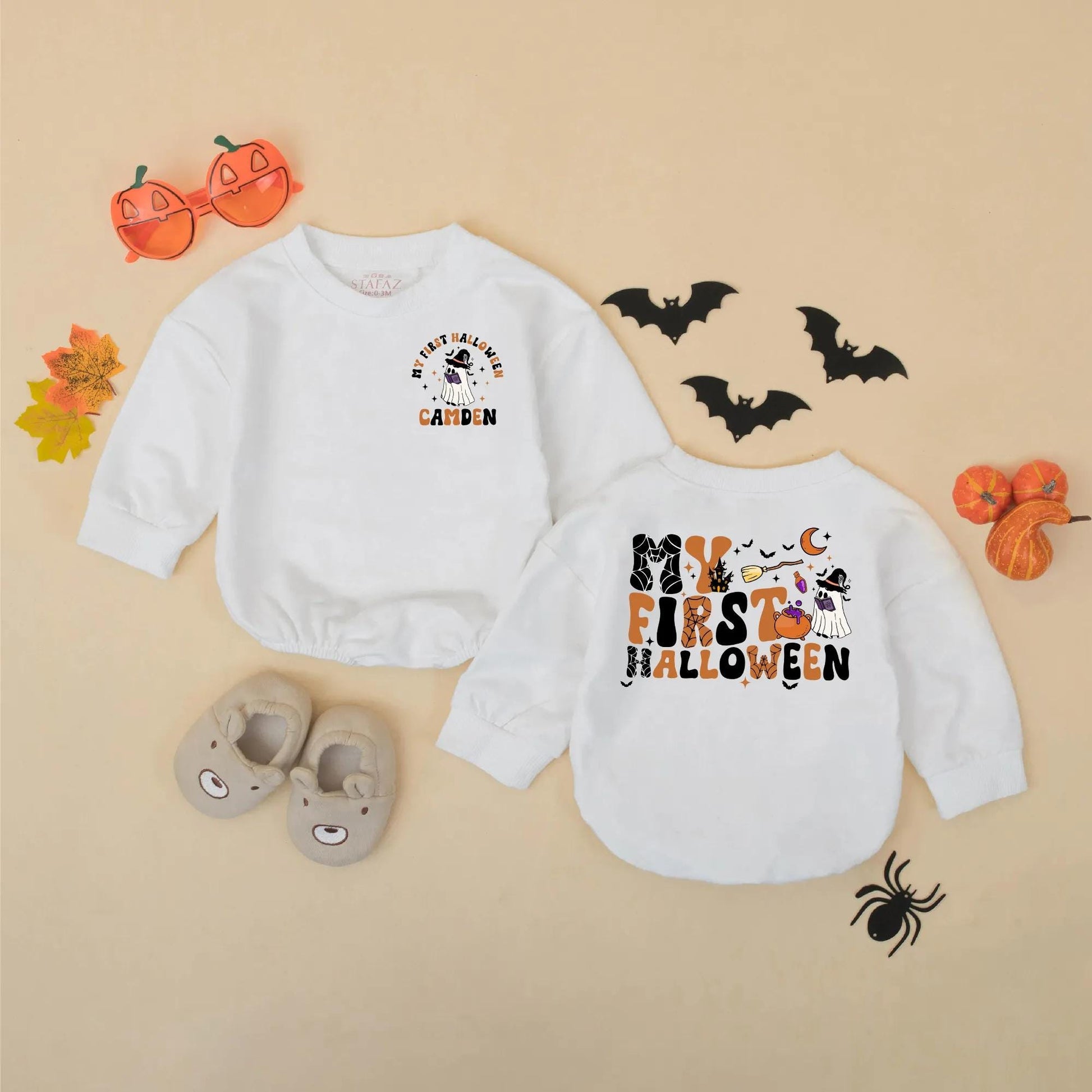 Personalized My First Halloween Baby Romper, Camden's Spooky Outfit, Retro Boy Bodysuit, Custom Infant Fall Gift, Cute Halloween