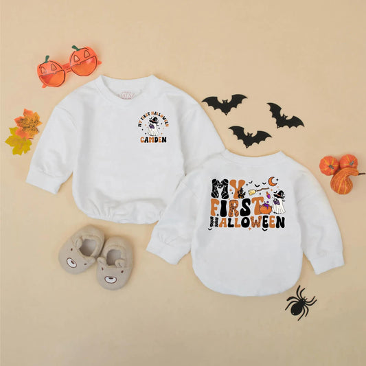 Personalized My First Halloween Baby Romper, Camden's Spooky Outfit, Retro Boy Bodysuit, Custom Infant Fall Gift, Cute Halloween