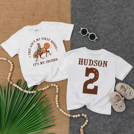 Personalized Toddler Boy 2nd Birthday This Ain't My First Rodeo It's My Second Western Cowboy Tee Gift Bucking Horse Sun Stars Brown Tones