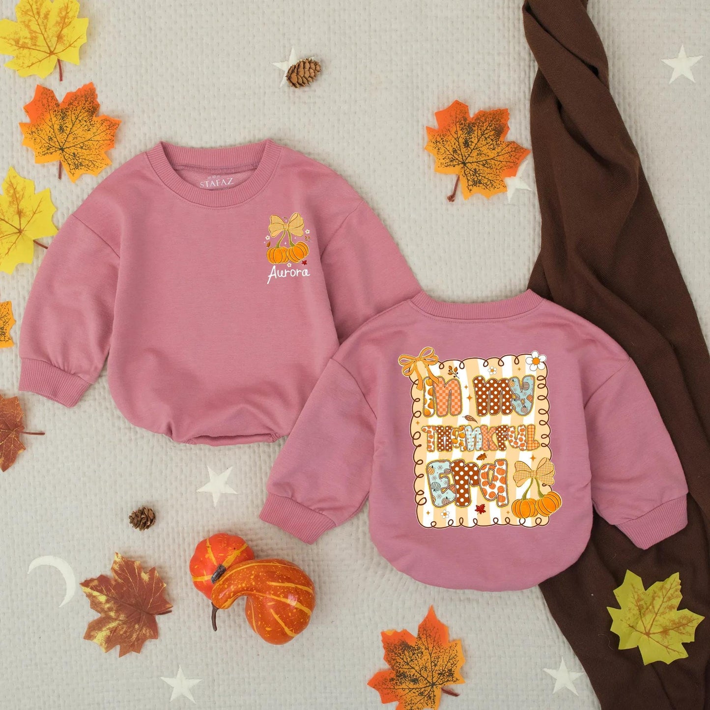 Custom "In My Thankful Era" Romper Aurora Pumpkin Bow Baby Fall Outfit Cute Thanksgiving Toddler Sweatshirt Autumn