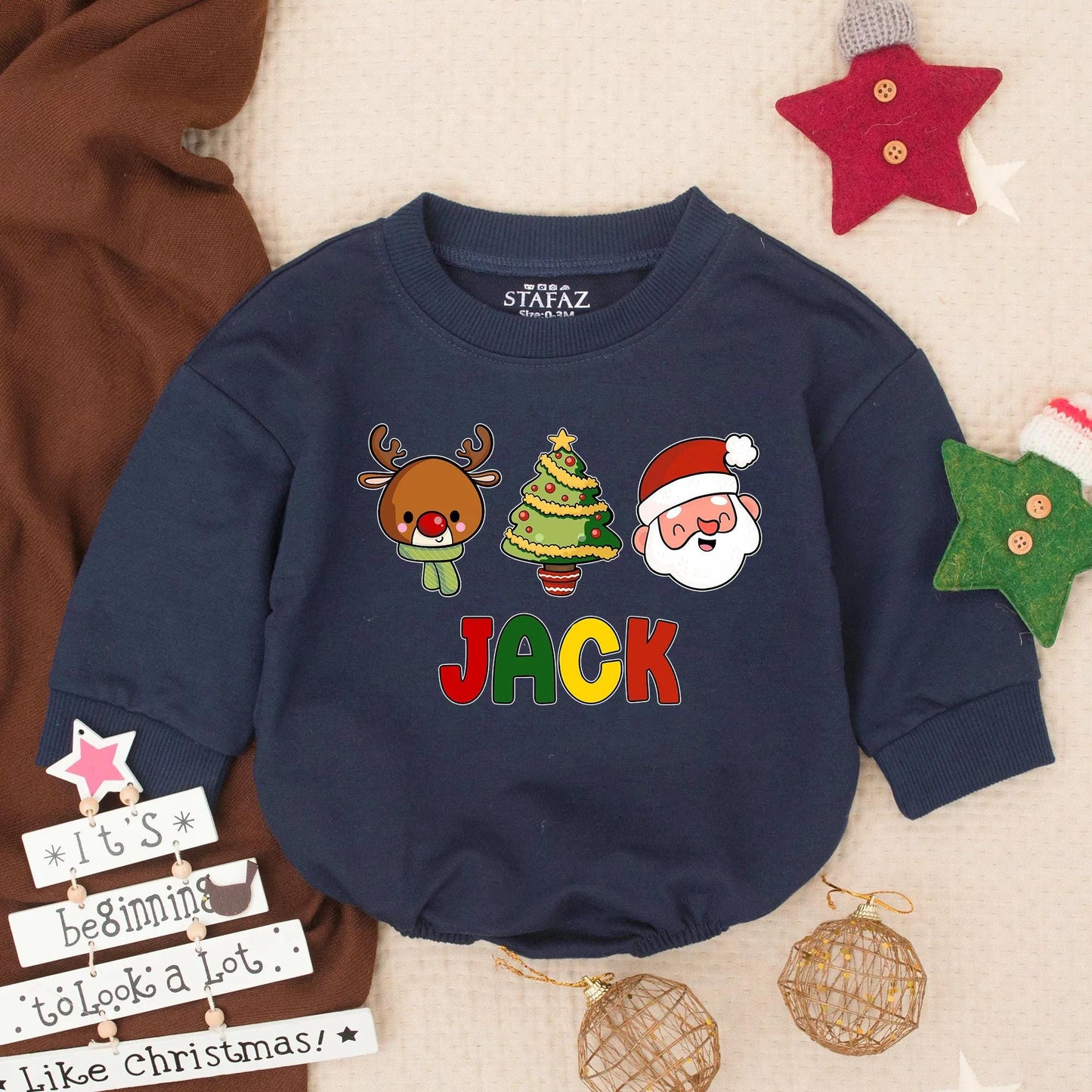 Jack's Christmas Bubble Romper: Reindeer, Tree & Santa Design for Toddler Boy - Cute Holiday Gift