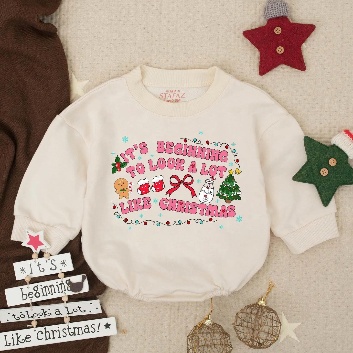 It's Beginning to Look a Lot Like Christmas Baby Romper Holiday Outfit Girl Boy Infant Clothes with Snowflakes, Gingerbread & Tree Design