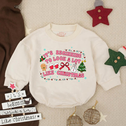 It's Beginning to Look a Lot Like Christmas Baby Romper Holiday Outfit Girl Boy Infant Clothes with Snowflakes, Gingerbread & Tree Design