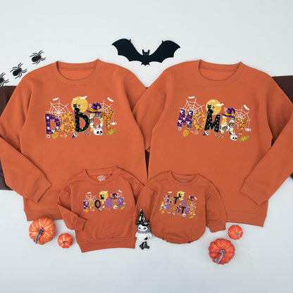 Spooky Halloween Family Matching Outfits Daddy Mommy Sister Little Monster Polka Dot Spider Web Stripes Purple Orange Yellow Black Bats Candy Pumpkins Cats