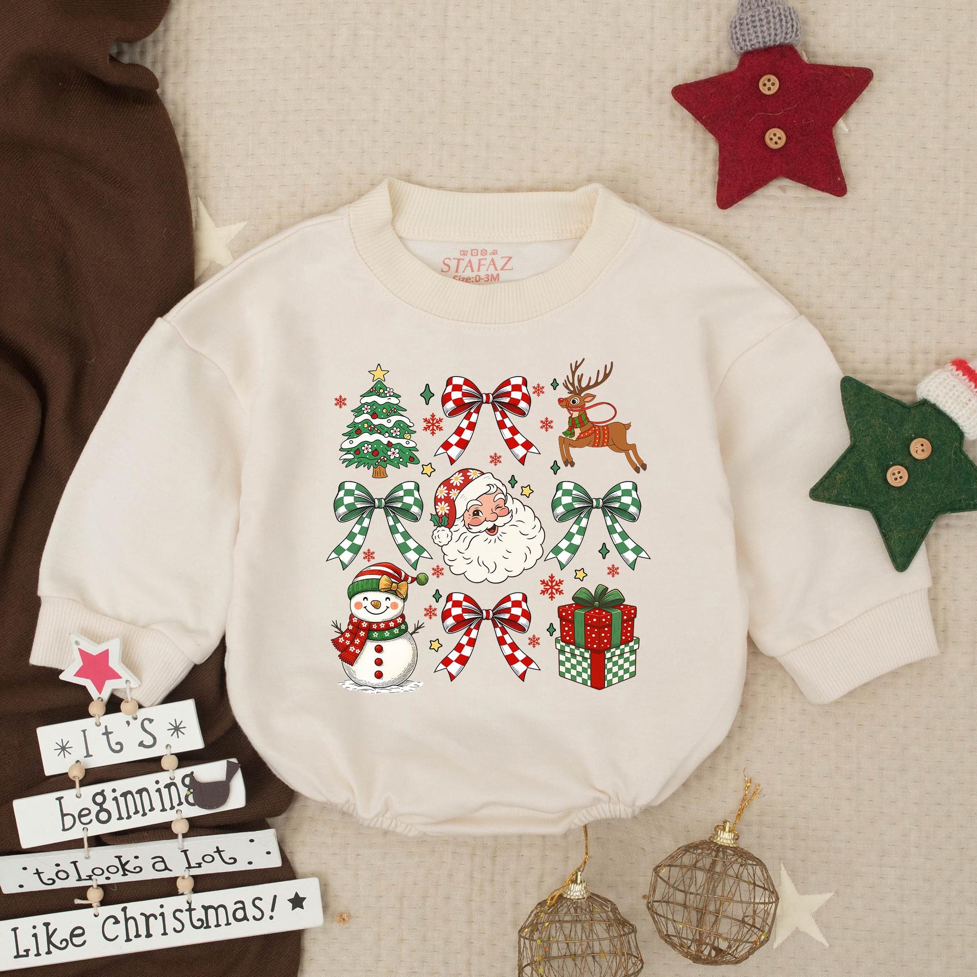Baby's First Christmas Romper Sweatshirt Outfit, Festive Holiday Design with Santa, Tree, Snowman & Bows, Newborn Winter Gift