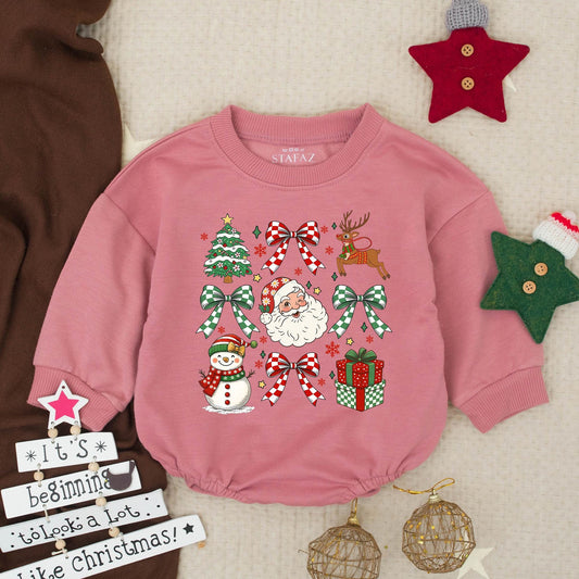 Baby's First Christmas Romper Sweatshirt Outfit, Festive Holiday Design with Santa, Tree, Snowman & Bows, Newborn Winter Gift