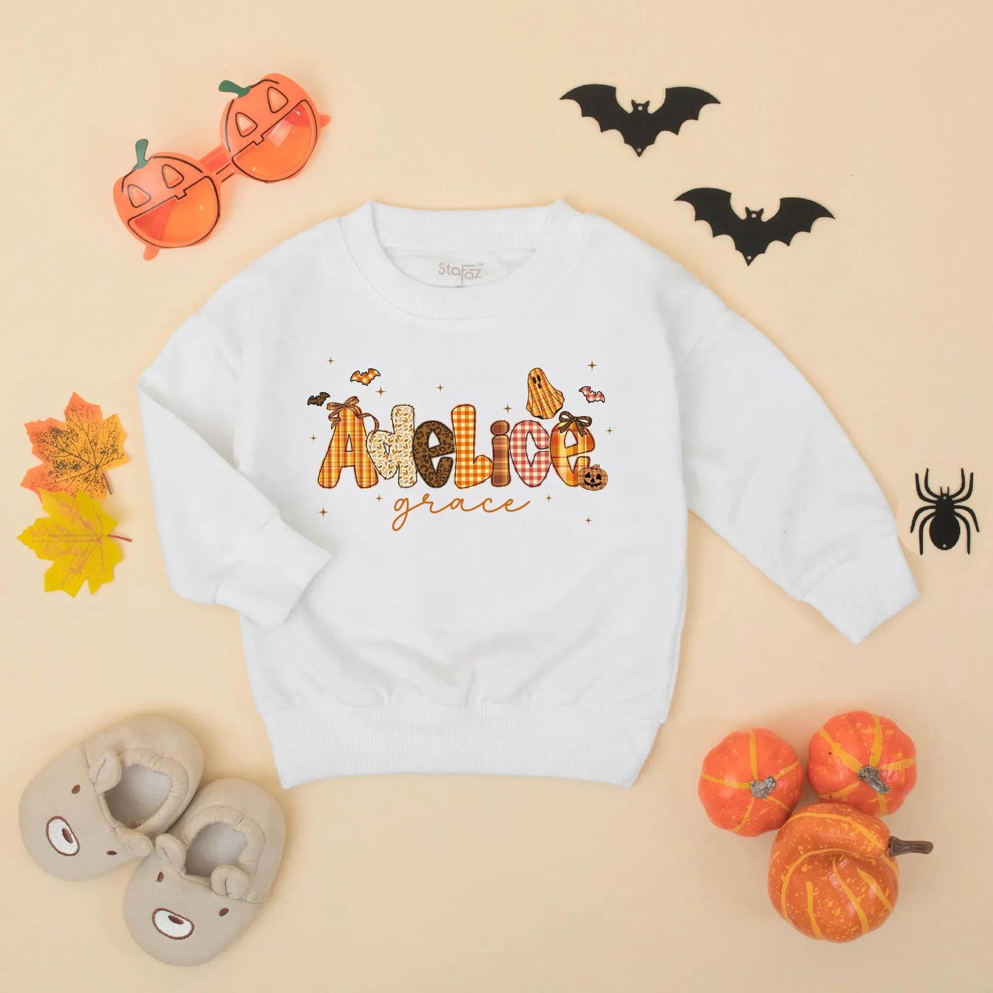 Adeline Grace Fall Halloween Baby Girl Romper, Custom Name Pumpkin & Ghost Design Infant Bodysuit, Autumn Toddler Outfit