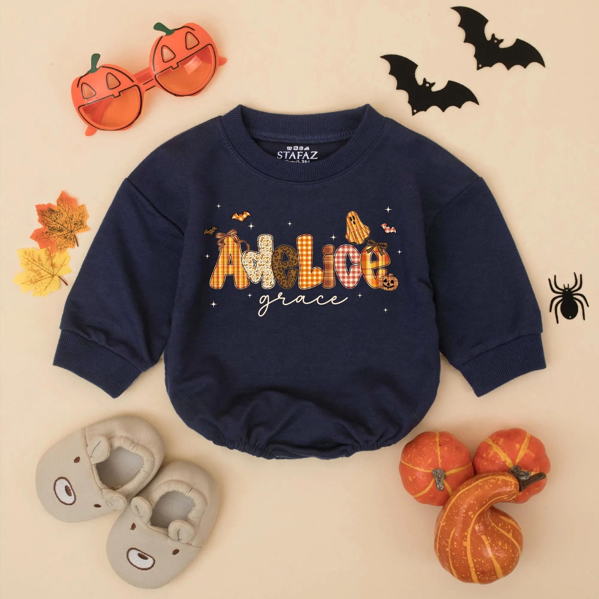 Adeline Grace Fall Halloween Baby Girl Romper, Custom Name Pumpkin & Ghost Design Infant Bodysuit, Autumn Toddler Outfit