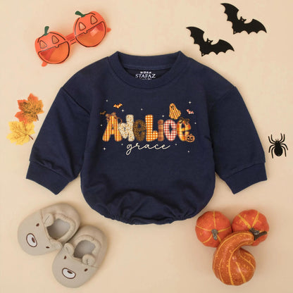 Adeline Grace Fall Halloween Baby Girl Romper, Custom Name Pumpkin & Ghost Design Infant Bodysuit, Autumn Toddler Outfit