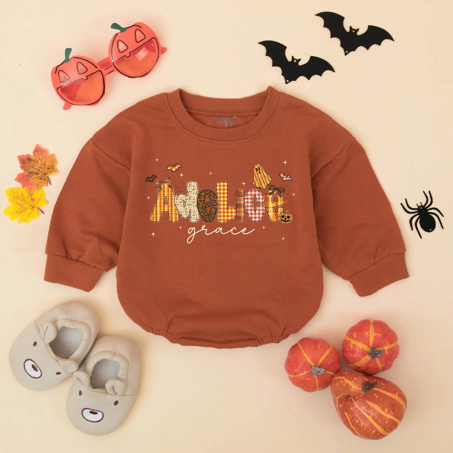 Adeline Grace Fall Halloween Baby Girl Romper, Custom Name Pumpkin & Ghost Design Infant Bodysuit, Autumn Toddler Outfit