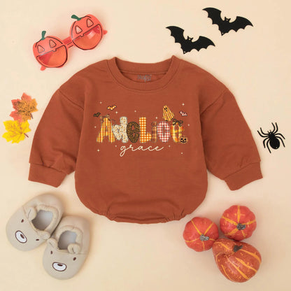 Adeline Grace Fall Halloween Baby Girl Romper, Custom Name Pumpkin & Ghost Design Infant Bodysuit, Autumn Toddler Outfit