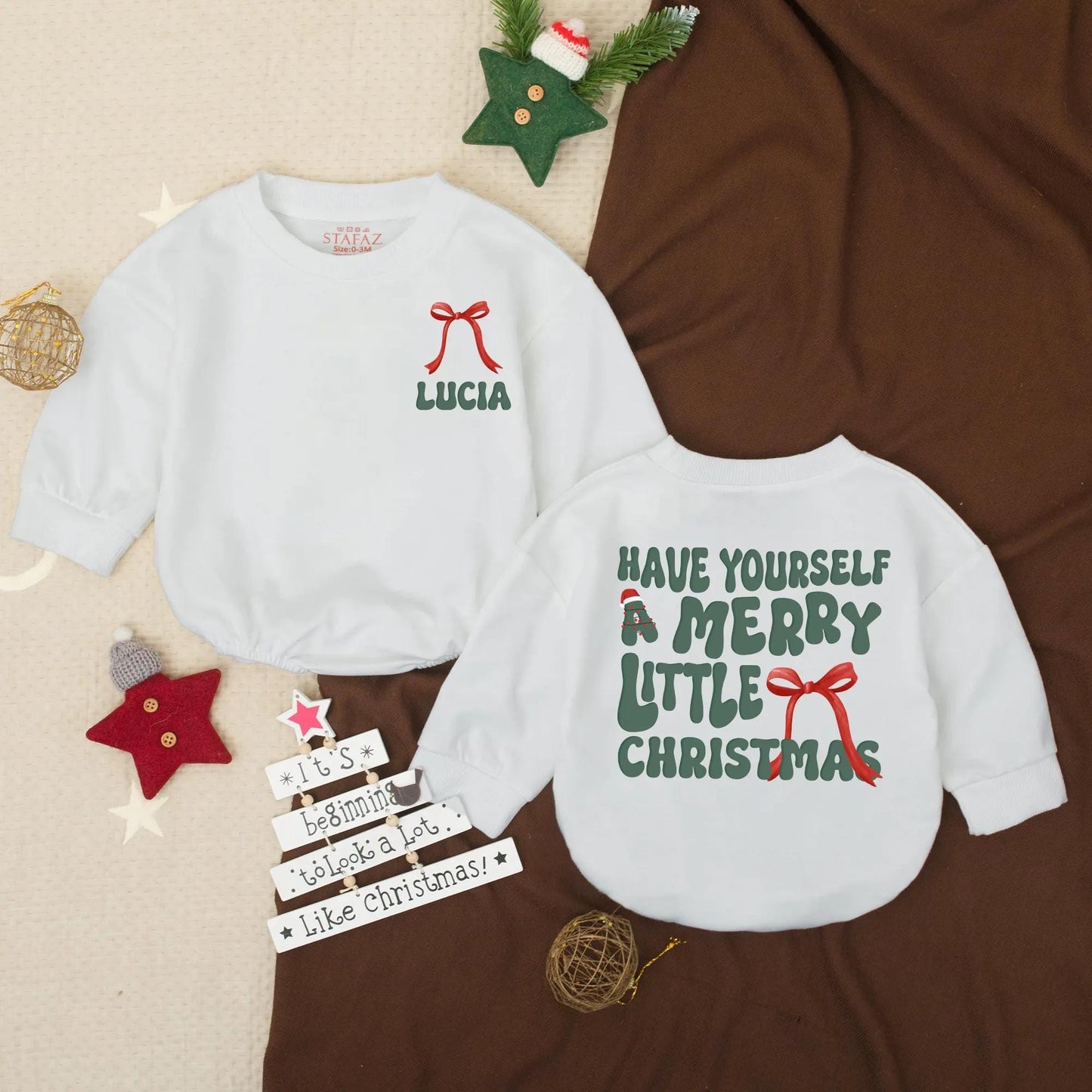 Merry Christmas Baby Romper Outfit with Red Ribbon Accent, First Christmas Toddler Sweatshirt Holiday Clothes, Personalized Lucia Romper, Cute Xmas Tree
