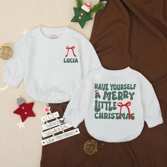 Merry Christmas Baby Romper Outfit with Red Ribbon Accent, First Christmas Toddler Sweatshirt Holiday Clothes, Personalized Lucia Romper, Cute Xmas Tree