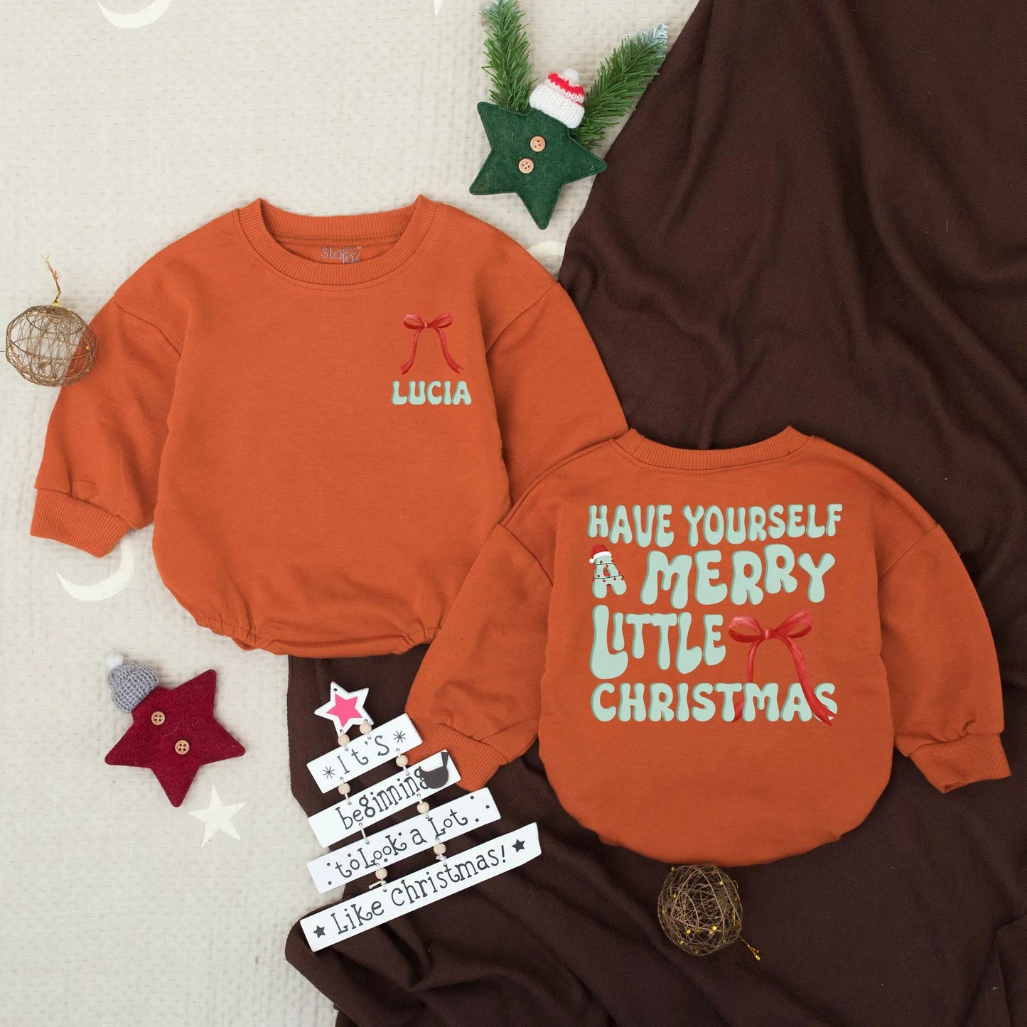 Merry Christmas Baby Romper Outfit with Red Ribbon Accent, First Christmas Toddler Sweatshirt Holiday Clothes, Personalized Lucia Romper, Cute Xmas Tree